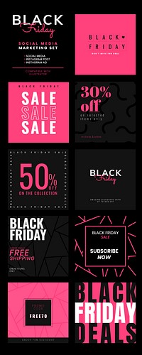Black Friday deals vector bold font pink advertisement template collection