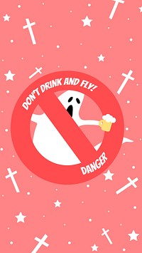 Halloween vector ghost cartoon social template with don&#39;t drink and fly! text