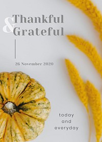 Thanksgiving greeting card psd template with thankful &amp; grateful text