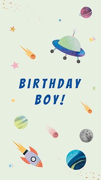 Kid&#39;s birthday online greeting with space illustration for boy