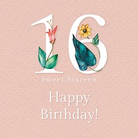 16th birthday greeting illustration with floral number