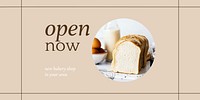 Open now vector twitter header template for bakery and cafe marketing
