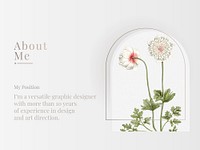 About me social media vector template with white flower illustration