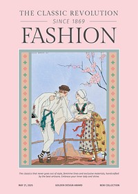Vintage fashion template vector poster in stylish magazine style, remix from artworks by George Barbier