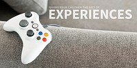 Game console on the couch banner with giving your children the gift of experiences text