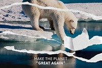 Global warming awareness banner with ripped polar bear background