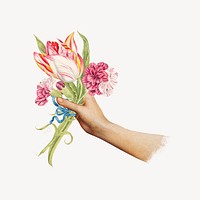 Hand holding flower bouquet, vintage illustration vector