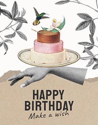 Vintage birthday flyer template, cake illustration psd