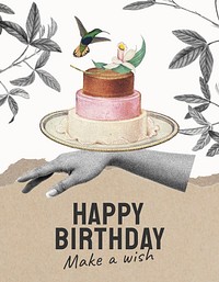 Vintage birthday flyer template, cake illustration vector