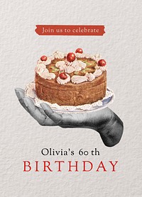 Vintage birthday poster template, cake illustration psd