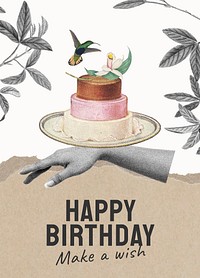 Vintage birthday poster template, cake illustration vector