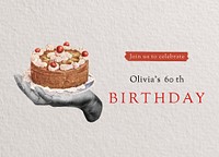 Vintage birthday greeting card template, cake illustration psd