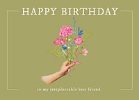 Vintage flower birthday card template, editable design psd