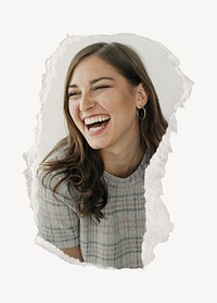 Happy businesswoman, ripped paper collage element psd