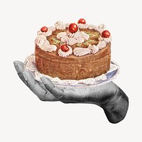 Hand holding birthday cake, vintage remix vector