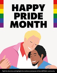 Happy Pride Month flyer template, gay couple illustration psd