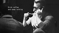 Coffee addict banner template, man having phone call photo vector