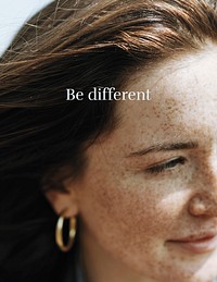 Be different flyer template, beautiful freckled woman photo vector