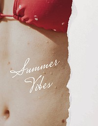 Summer vibes flyer template, bikini woman closeup photo vector