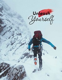 Mountain hiking flyer template, unleash yourself quote vector