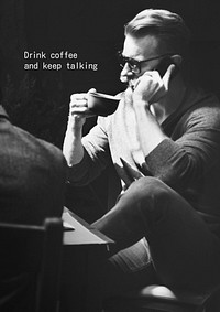 Coffee addict poster template, man having phone call photo psd