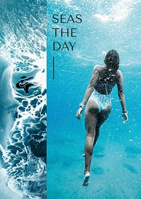 Woman underwater poster template, travel aesthetic vector