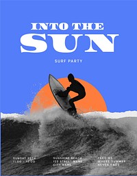 Surfing aesthetic flyer editable template, sunset remix psd