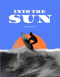 Surfing aesthetic flyer editable template, sunset remix vector