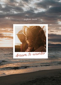 Travel instant photo poster template, beach design vector