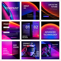 Technology neon Instagram post template set vector