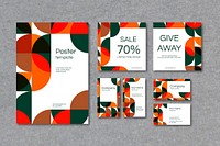 Orange geometric patterned poster and business card template vector set