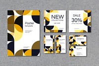 Yellow geometric patterned poster and business card template vector set