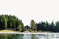 Lake cottage collage element, natural scenery psd