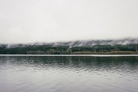 A view of a lake and an evergreen forest enveloped in a dense fog on the other side. Original public domain image from Wikimedia Commons