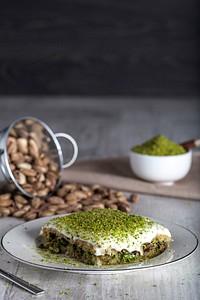 Pistachio pastry on a plate for dessert. Original public domain image from <a href="https://commons.wikimedia.org/wiki/File:Pistachio_Kadayif_(Unsplash).jpg" target="_blank" rel="noopener noreferrer nofollow">Wikimedia Commons</a>