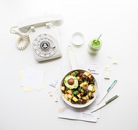 Flat lay with retro telephone, green smoothie, and vegetable breakfast bowl with avocado and potatoes. Original public domain image from Wikimedia Commons