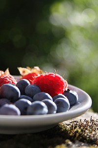 beautiful plate of raspberry and blueberry sits in the summer fields.. Original public domain image from <a href="https://commons.wikimedia.org/wiki/File:Healthy-looking_raspberry_and_blueberry_(Unsplash).jpg" target="_blank" rel="noopener noreferrer nofollow">Wikimedia Commons</a>