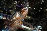 Light trails and taxi cabs in the streets of New York at night. Original public domain image from Wikimedia Commons