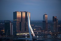 A bridge connecting two shores of a river in Rotterdam with high-rises on the bank. Original public domain image from <a href="https://commons.wikimedia.org/wiki/File:Erasmus_bridge_at_sunset_(Unsplash).jpg" target="_blank" rel="noopener noreferrer nofollow">Wikimedia Commons</a>