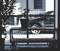 A pale shot of a coffee table on wheels with a potted plant on it next to a tall window. Original public domain image from Wikimedia Commons