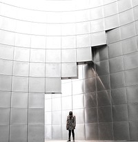 Person in a coat stands near a shiny silver wall in a grid pattern. Original public domain image from Wikimedia Commons