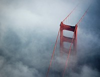 Aerial view of Golden Gate Bridge on a foggy day. Original public domain image from Wikimedia Commons