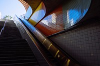 Stairs and escalator leading up to the surface of the Metro station in Lankershim \u002F Chandler.. Original public domain image from <a href="https://commons.wikimedia.org/wiki/File:Stairs_Lankershim_Chandler_(Unsplash).jpg" target="_blank" rel="noopener noreferrer nofollow">Wikimedia Commons</a>