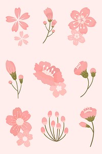 Pink cherry blossom sticker vector flower element set