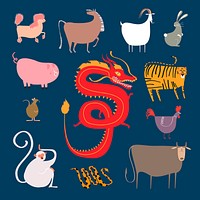 Chinese zodiac animals on blue background set