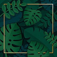 Square gold frame on a dark green tropical leaves patterned background vector