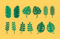 Green tropical leaves on yellow background vector collection