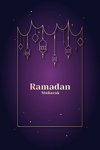 Purple Ramadan Mubarak frame psd with beautiful lanterns