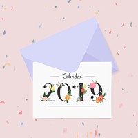 Botanical 2019 calendar with a purple envelope vector
