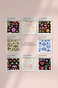 Folk art design element patterned stamp vector set